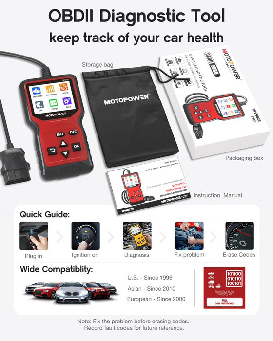MOTOPOWER MP69033 Pro OBD2 Scanner Code Reader Check Engine Fault Light Diagnostic Scan Tool with Battery Tester, Red
