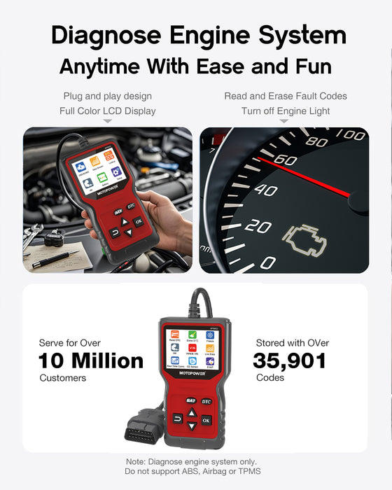 MOTOPOWER MP69033 Pro OBD2 Scanner Code Reader Check Engine Fault Light Diagnostic Scan Tool with Battery Tester, Red