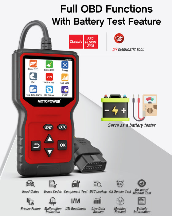 MOTOPOWER MP69033 Pro OBD2 Scanner Code Reader Check Engine Fault Light Diagnostic Scan Tool with Battery Tester, Red