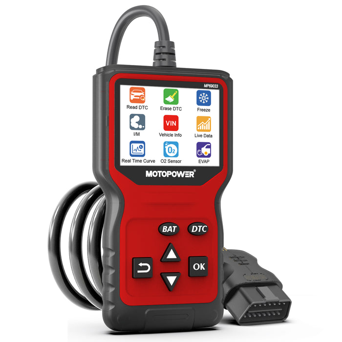 MOTOPOWER MP69033 Pro OBD2 Scanner Code Reader Check Engine Fault Light Diagnostic Scan Tool with Battery Tester, Red