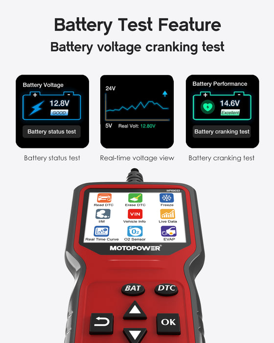 MOTOPOWER MP69033 Pro OBD2 Scanner Code Reader Check Engine Fault Light Diagnostic Scan Tool with Battery Tester, Red