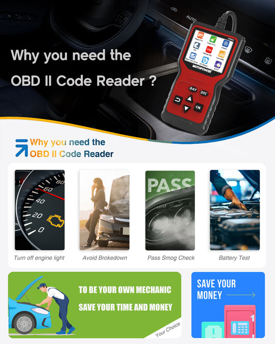 MOTOPOWER MP69033 Pro OBD2 Scanner Code Reader Check Engine Fault Light Diagnostic Scan Tool with Battery Tester, Red