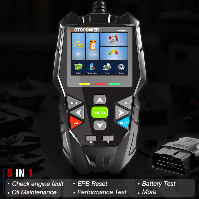 MOTOPOWER MP69041 5 in 1 Car OBD2 Scanner Check Engine Fault Code Reader Diagnostic Scan Tool, Oil Maintenance Reset, EPB Reset, Battery Test, Perform