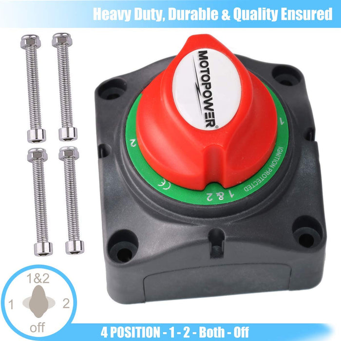 MOTOPOWER MP69157 Battery Switch Battery Isolator 1-2-Both-Off Battery Disconnect Master Cutoff Switch for Marine Boat Car RV ATV UTV Vehicle