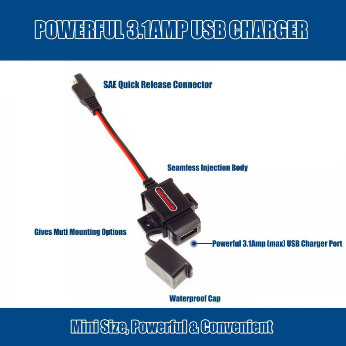 MOTOPOWER MP0609A 3.1Amp Motorcycle USB Charger Kit SAE to USB Adapter