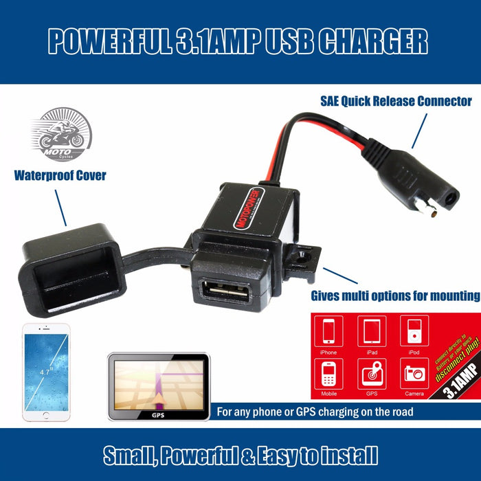 MOTOPOWER MP0609A 3.1Amp Motorcycle USB Charger Kit SAE to USB Adapter