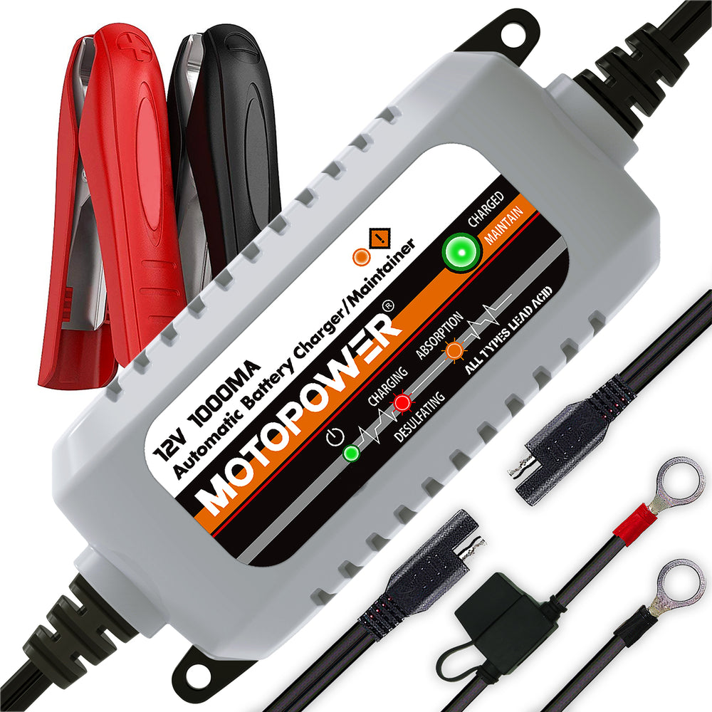 MOTOPOWER MP00205B 12V 1000mA Automatic Battery Charger, Battery Maintainer, Trickle Charger, and Battery Desulfator with Timer Protection