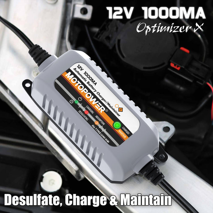 MOTOPOWER MP00205B 12V 1000mA Automatic Battery Charger, Battery Maintainer, Trickle Charger, and Battery Desulfator with Timer Protection