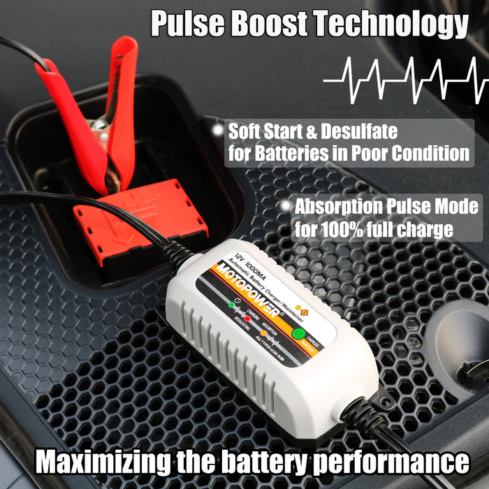 MOTOPOWER MP00205B 12V 1000mA Automatic Battery Charger, Battery Maintainer, Trickle Charger, and Battery Desulfator with Timer Protection