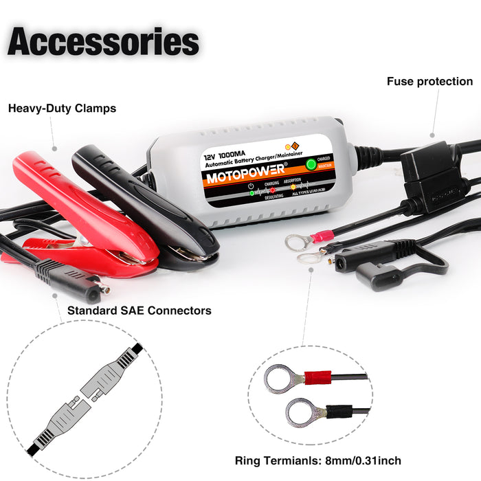 MOTOPOWER MP00205B 12V 1000mA Automatic Battery Charger, Battery Maintainer, Trickle Charger, and Battery Desulfator with Timer Protection