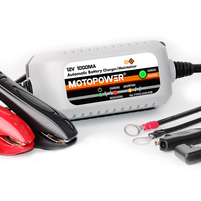MOTOPOWER MP00205B 12V 1000mA Automatic Battery Charger, Battery Maintainer, Trickle Charger, and Battery Desulfator with Timer Protection