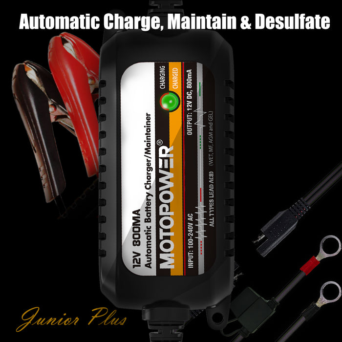 MOTOPOWER MP00205C 12V 800mA Automatic Battery Charger, Battery Maintainer, Trickle Charger, and Battery Desulfator