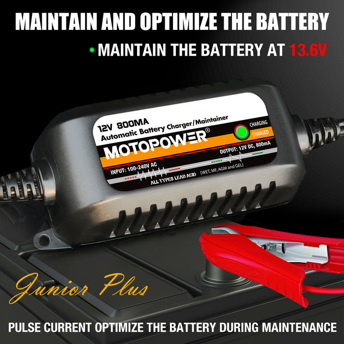 MOTOPOWER MP00205C 12V 800mA Automatic Battery Charger, Battery Maintainer, Trickle Charger, and Battery Desulfator