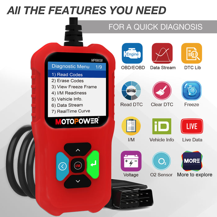 MOTOPOWER MP69038 Car OBD2 Scanner Code Reader Engine Fault Code Reader Scanner CAN Diagnostic Scan Tool - Elite Edition