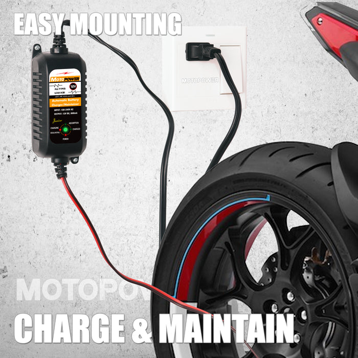 MOTOPOWER MP00205A 12V 800mA Fully Automatic Battery Charger/Maintainer for Cars, Motorcycles, ATVs, RVs, Powersports, Boat and More. Smart, Compact and Eco Friendly