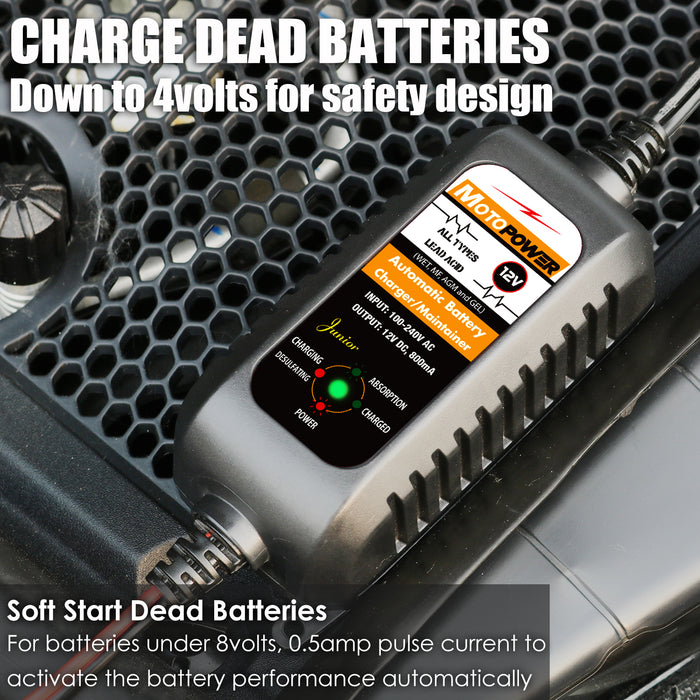MOTOPOWER MP00205A 12V 800mA Fully Automatic Battery Charger/Maintainer for Cars, Motorcycles, ATVs, RVs, Powersports, Boat and More. Smart, Compact and Eco Friendly