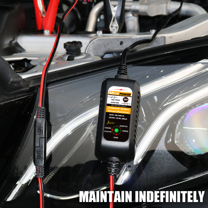 MOTOPOWER MP00205A 12V 800mA Fully Automatic Battery Charger/Maintainer for Cars, Motorcycles, ATVs, RVs, Powersports, Boat and More. Smart, Compact and Eco Friendly