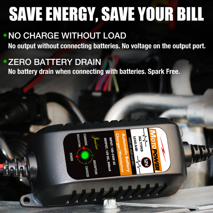 MOTOPOWER MP00205A 12V 800mA Fully Automatic Battery Charger/Maintainer for Cars, Motorcycles, ATVs, RVs, Powersports, Boat and More. Smart, Compact and Eco Friendly