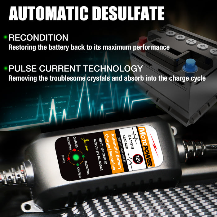 MOTOPOWER MP00205A 12V 800mA Fully Automatic Battery Charger/Maintainer for Cars, Motorcycles, ATVs, RVs, Powersports, Boat and More. Smart, Compact and Eco Friendly