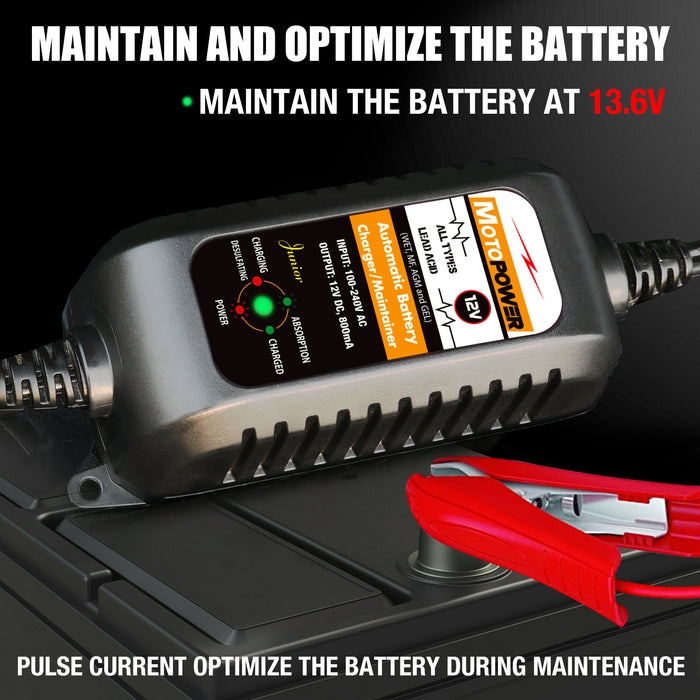 MOTOPOWER MP00205A 12V 800mA Fully Automatic Battery Charger/Maintainer for Cars, Motorcycles, ATVs, RVs, Powersports, Boat and More. Smart, Compact and Eco Friendly