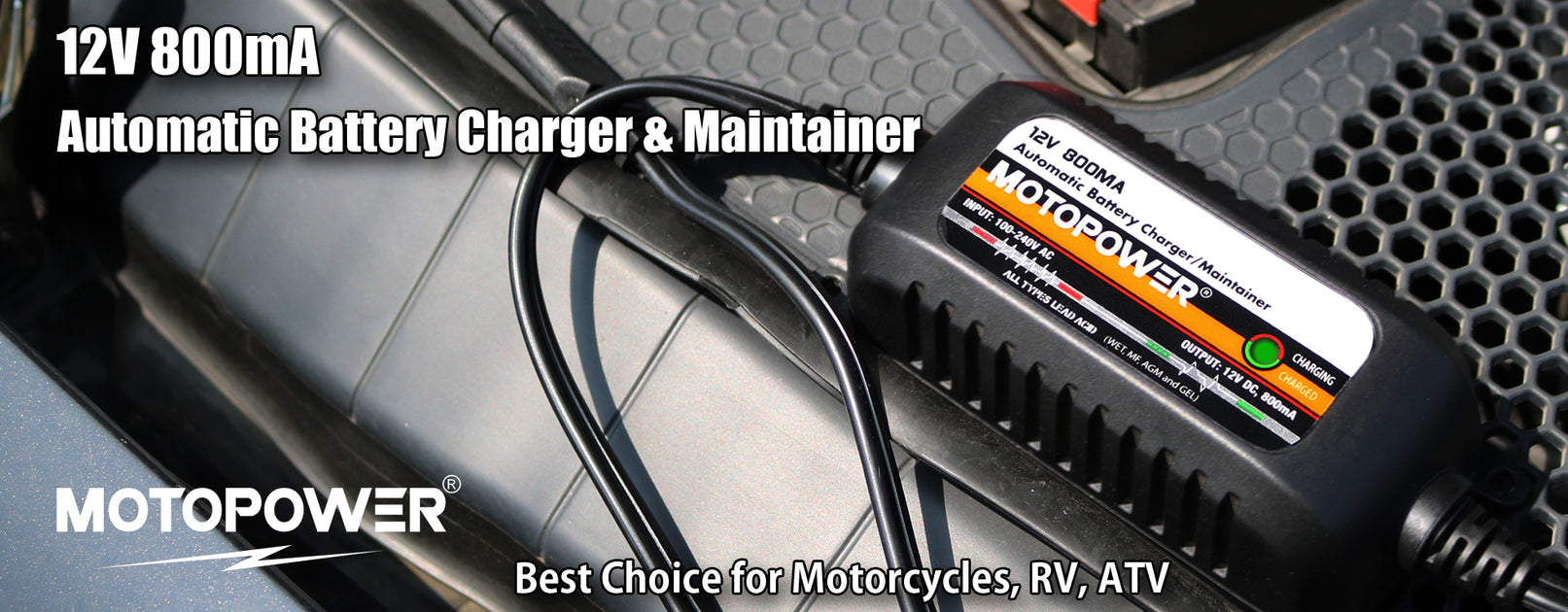 MotoPower MP00205A 12V 800mA Fully Automatic Battery Charger, Maintainer-USA