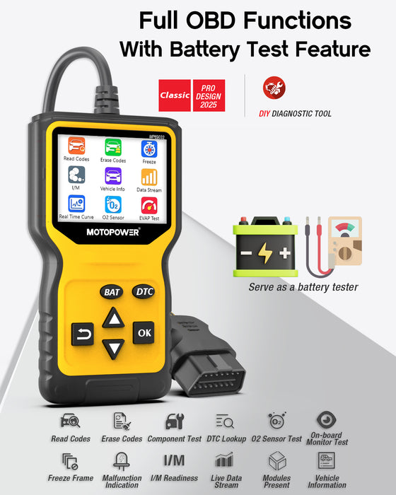 MOTOPOWER MP69033 Pro OBD2 Scanner Code Reader Check Engine Fault Light Diagnostic Scan Tool with Battery Tester, Yellow