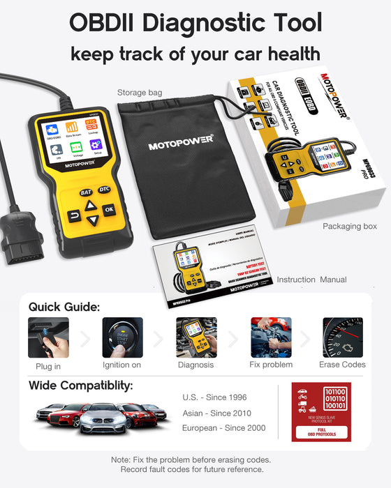 MOTOPOWER MP69033 Pro OBD2 Scanner Code Reader Check Engine Fault Light Diagnostic Scan Tool with Battery Tester, Yellow
