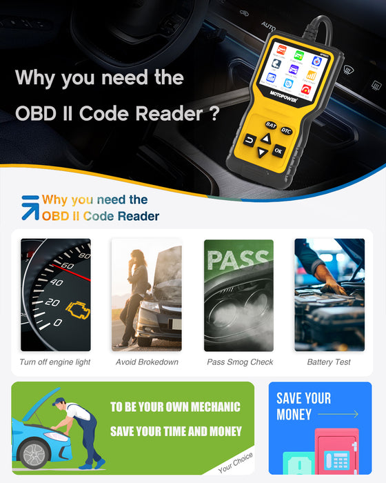 MOTOPOWER MP69033 Pro OBD2 Scanner Code Reader Check Engine Fault Light Diagnostic Scan Tool with Battery Tester, Yellow