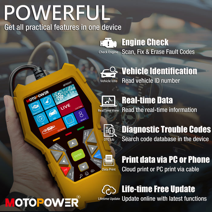 MOTOPOWER MP69040 Car OBD2 Scanner Check Engine Fault Code Reader Diagnostic Scan Tool, Yellow