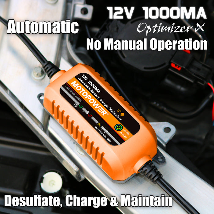 MOTOPOWER MP00205B 12V 1000mA Automatic Battery Trickle Charger Maintainer - Orange