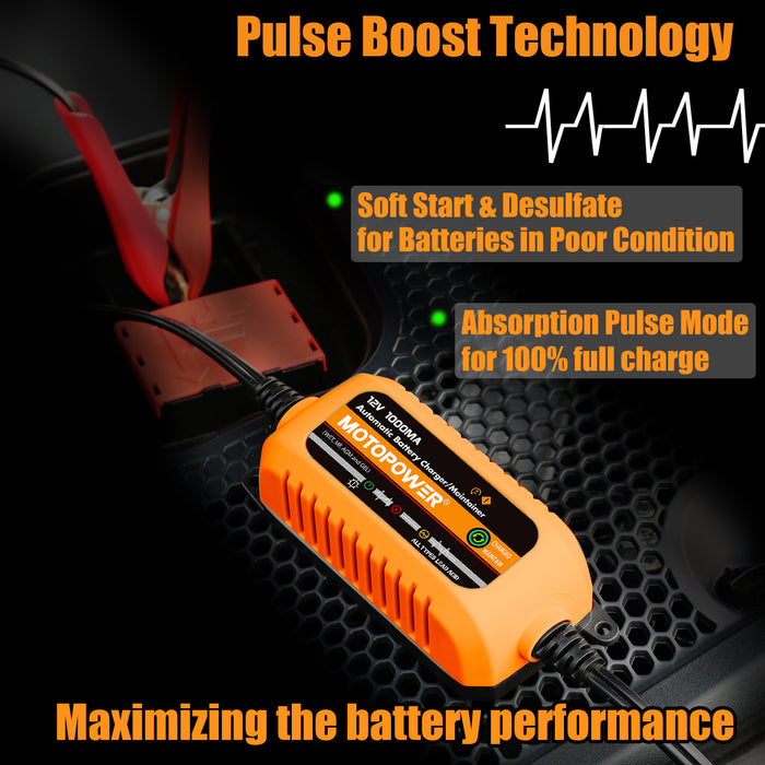 MOTOPOWER MP00205B 12V 1000mA Automatic Battery Trickle Charger Maintainer - Orange