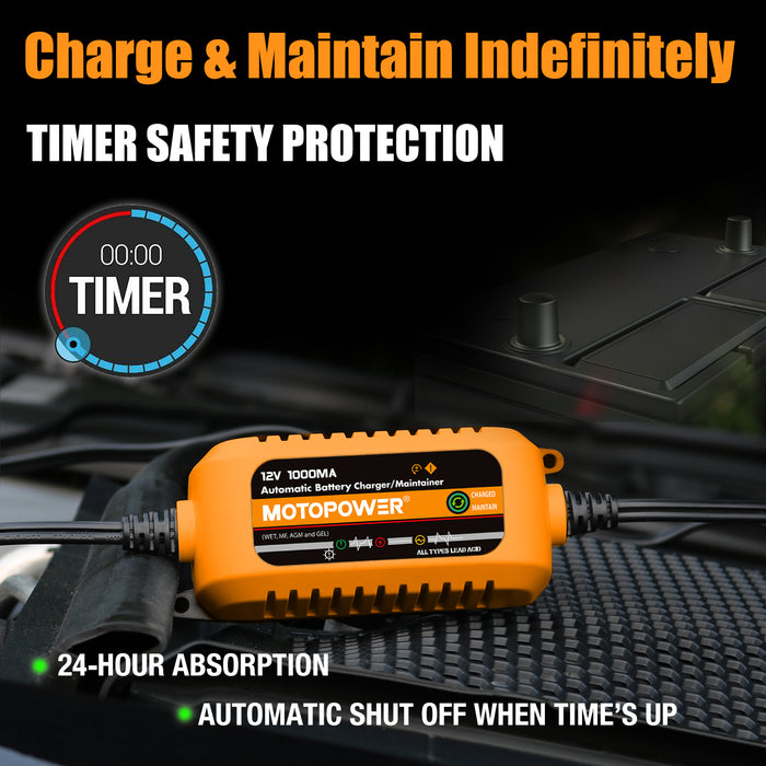 MOTOPOWER MP00205B 12V 1000mA Automatic Battery Trickle Charger Maintainer - Orange
