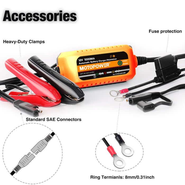 MOTOPOWER MP00205B 12V 1000mA Automatic Battery Trickle Charger Maintainer - Orange