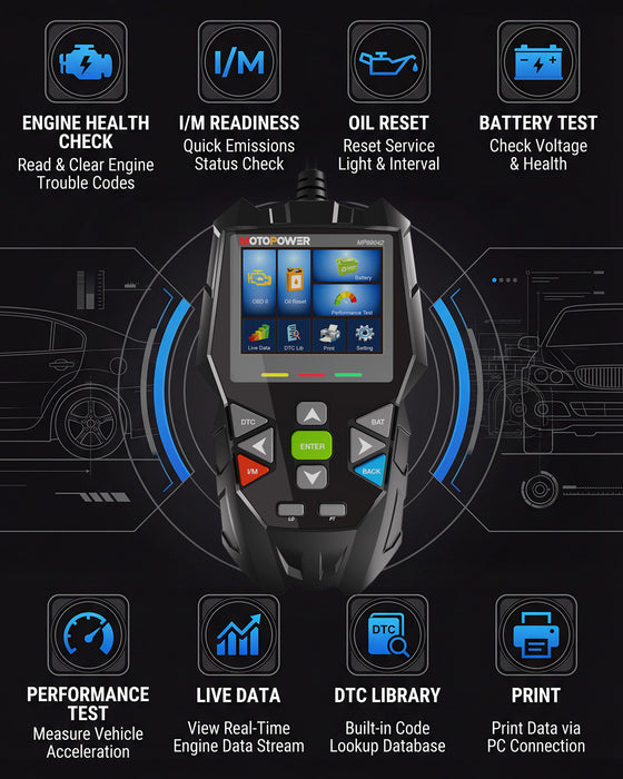 MOTOPOWER MP69042 4 in 1 Code Reader Car Diagnostic Scan Tool Oil Maintenance Reset, Battery Test, Performance Test with Lifetime Update