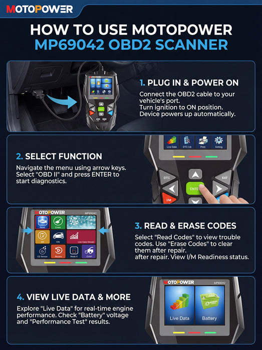 MOTOPOWER MP69042 4 in 1 Code Reader Car Diagnostic Scan Tool Oil Maintenance Reset, Battery Test, Performance Test with Lifetime Update