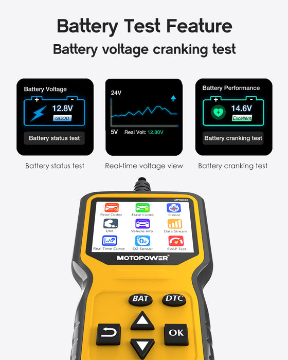 MOTOPOWER MP69033 Pro OBD2 Scanner Code Reader Check Engine Fault Light Diagnostic Scan Tool with Battery Tester, Yellow
