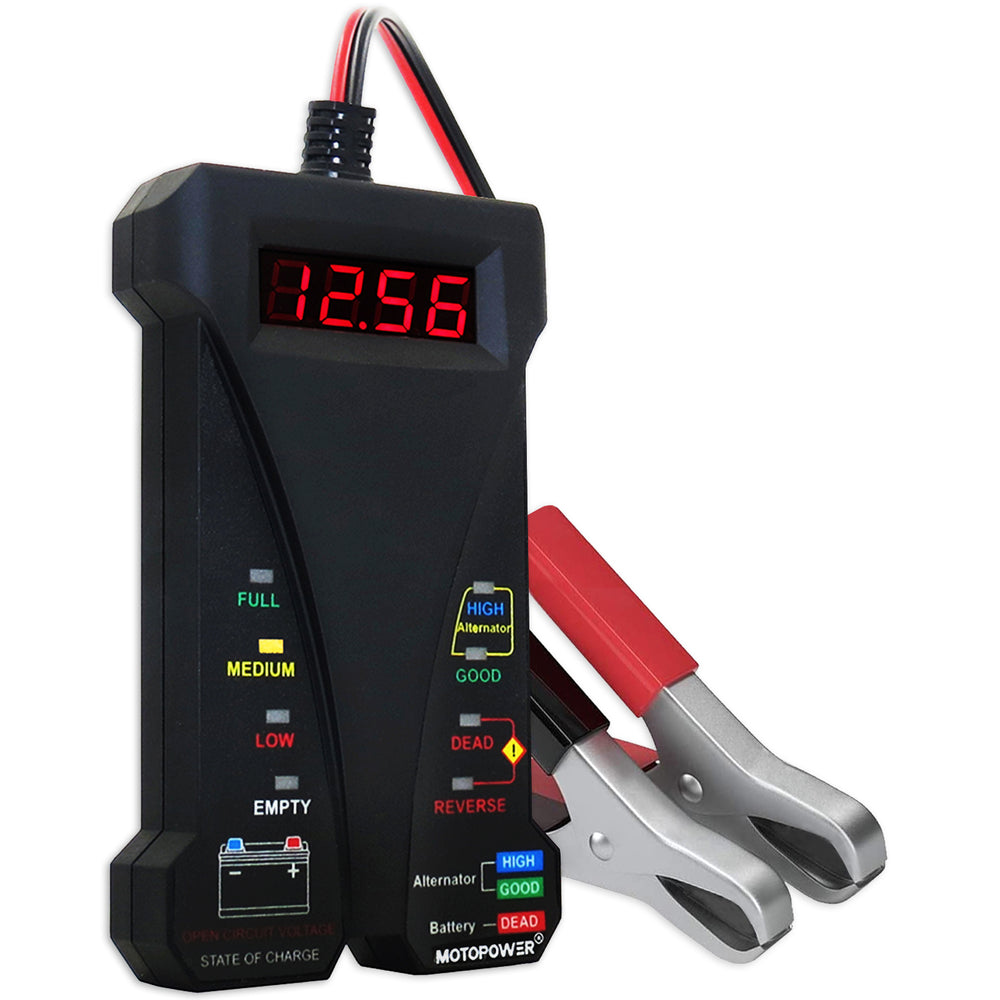 MOTOPOWER MP0514A Testeur de batterie numérique 12 V, voltmètre et analyseur de système de charge d'alternateur avec écran LCD et indication LED, peinture en caoutchouc noir