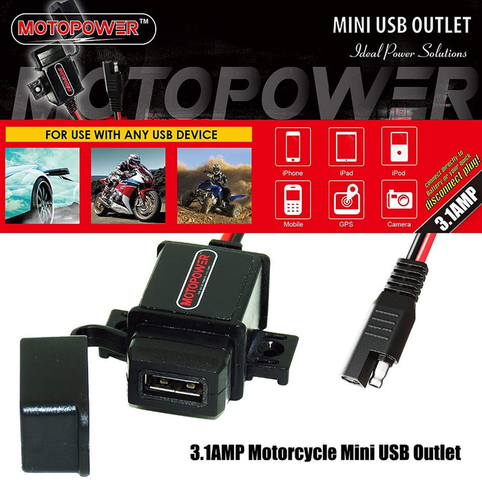 MOTOPOWER MP0609A 3.1Amp Motorcycle USB Charger Kit SAE to USB Adapter