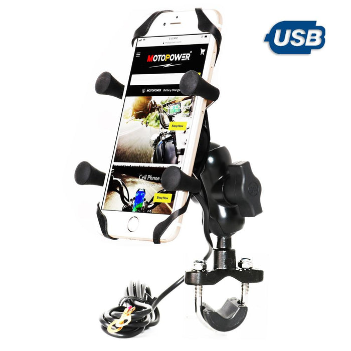 MP0622 Motorcycle Cell Phone Mount with USB Charger Alluminum Alloy Body