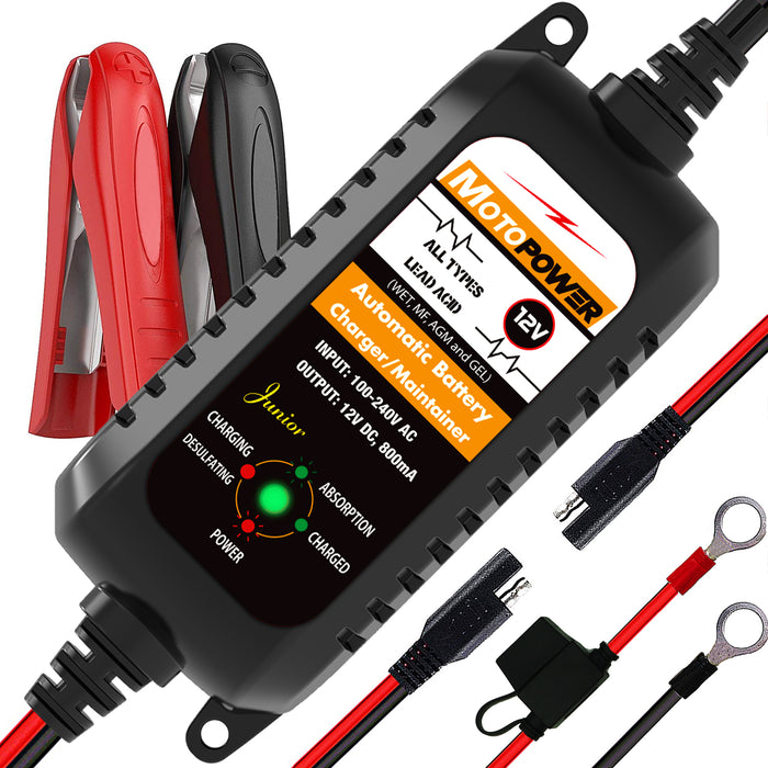 MOTOPOWER MP00205A 12V 800mA Vollautomatisches Batterieladegerät/Wartungsgerät für Autos, Motorräder, Geländefahrzeuge, Wohnmobile, Powersports, Boote und mehr. Intelligent, kompakt und umweltfreundlich 