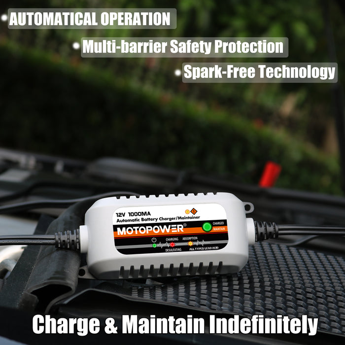 MOTOPOWER MP00205B 12V 1000mA Automatic Battery Charger, Battery Maintainer, Trickle Charger, and Battery Desulfator with Timer Protection