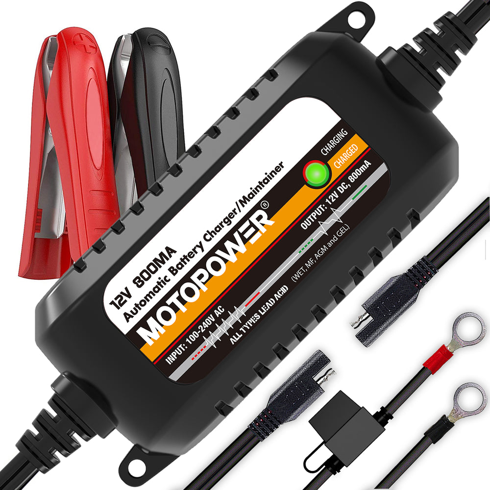 MOTOPOWER MP00205C Chargeur de batterie automatique 12 V 800 mA, mainteneur de batterie, chargeur d'entretien et désulfateur de batterie 