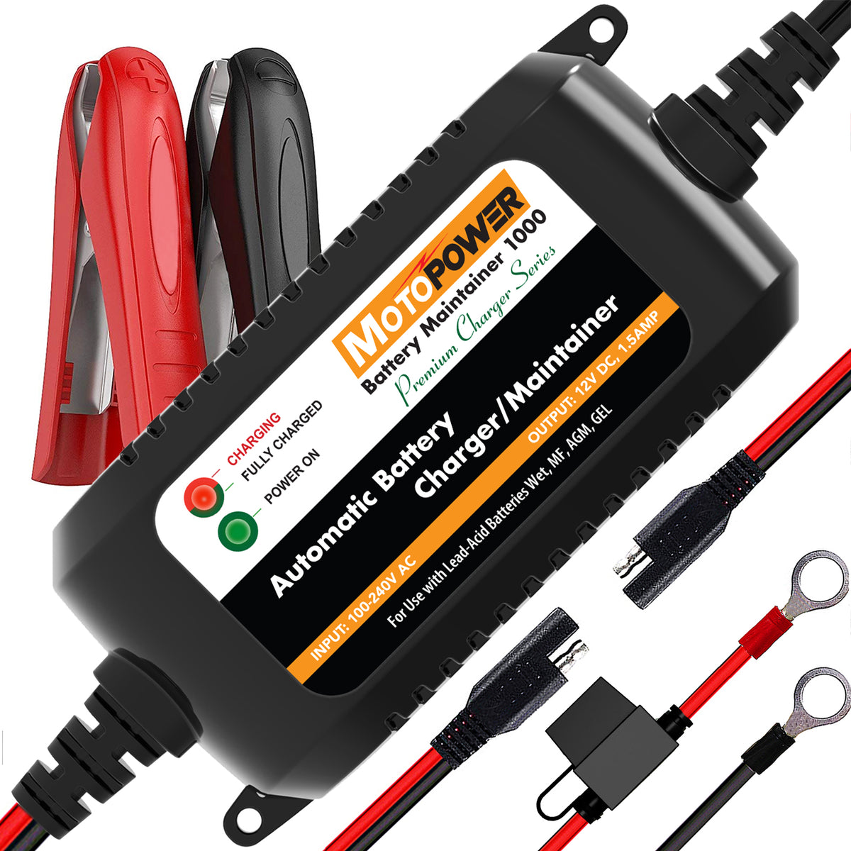MOTOPOWER MP00206A 12V 1.5Amp Automatic Battery Charger, Battery Maintainer  for Cars, Motorcycles, ATVs, RVs, Powersports, Boat and More. Smart,