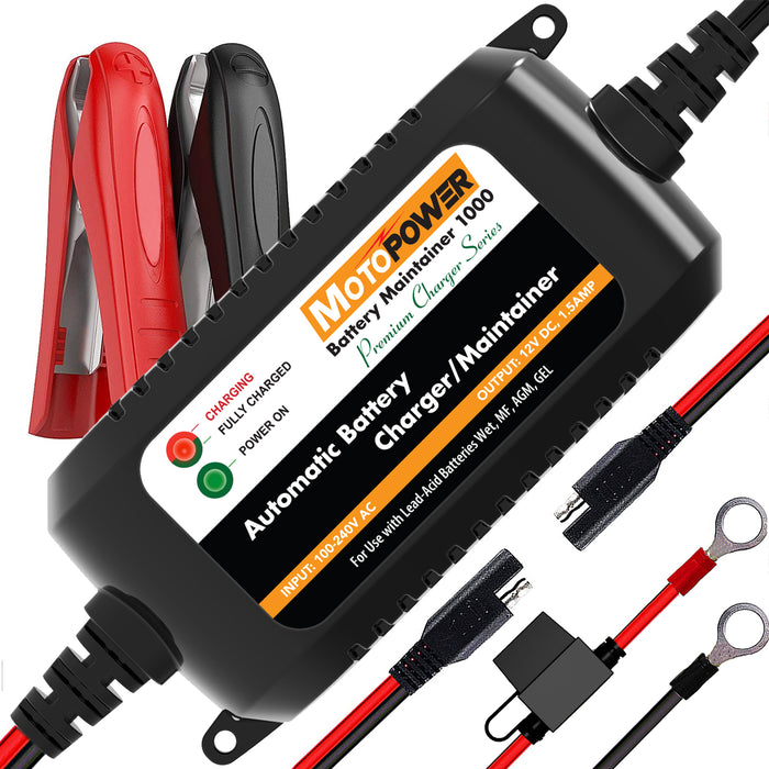 MOTOPOWER MP00206A 12 V 1,5 A automatisches Batterieladegerät, Batterieerhaltungsgerät für Autos, Motorräder, Geländefahrzeuge, Wohnmobile, Powersports, Boote und mehr. Intelligent, kompakt und umweltfreundlich 