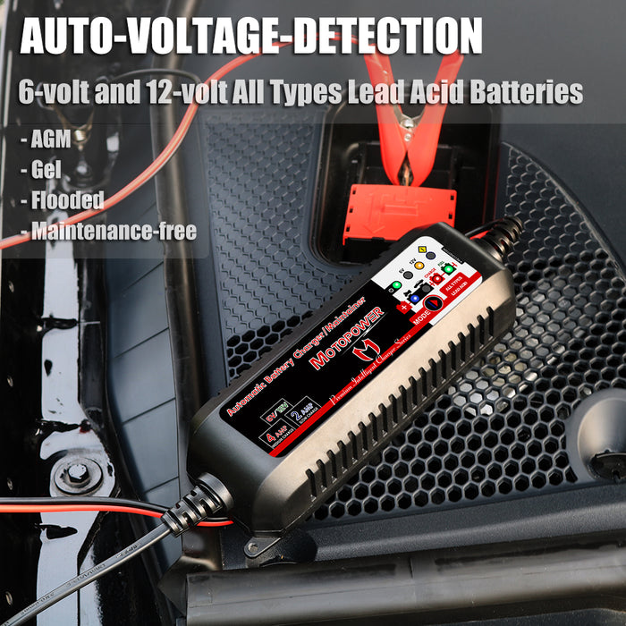 MOTOPOWER MP00207 6V und 12V 4AMP Automatisches intelligentes Batterieladegerät, Batterieerhaltungsgerät, Batteriedesulfator mit Zwangslade-Rekonditionierungsmodus 