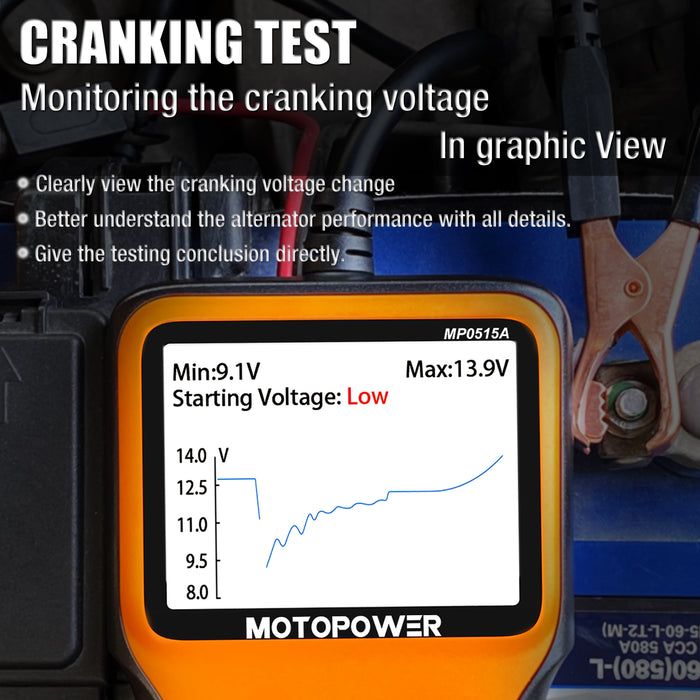 MOTOPOWER MP0515A Testeur de batterie de voiture 12 V Testeur de charge de batterie automobile 100-2000 CCA Système de démarrage et de charge automatique Outil d'analyse de test Analyseur d'alternateur de batterie numérique 
