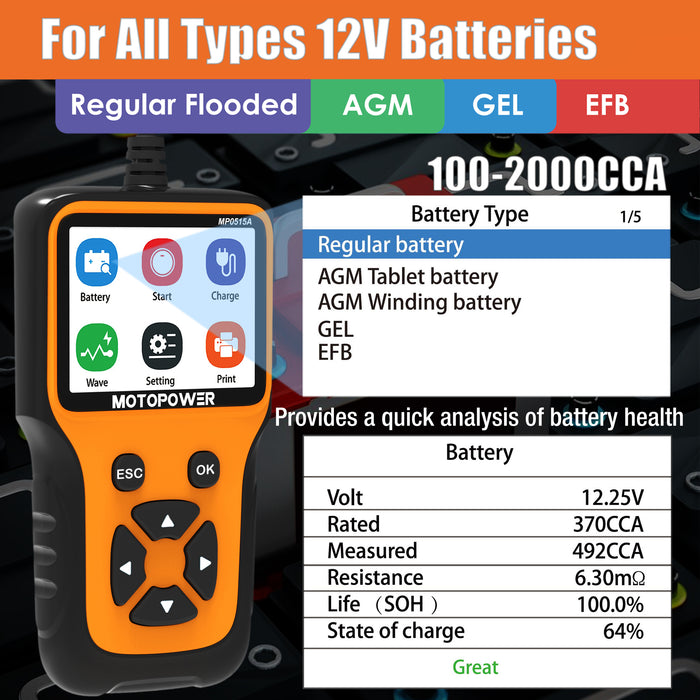 MOTOPOWER MP0515A 12V Car Battery Tester Automotive 100-2000 CCA