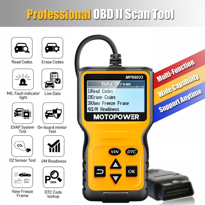 MOTOPOWER 12V Automatic Battery Charger, Battery Tester and OBD2 Scanner  Code Reader