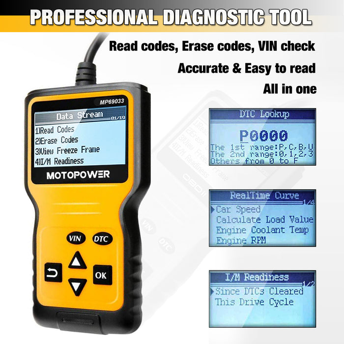 MOTOPOWER MP69033 OBD2 Scanner Universal Car Engine Fault Code Reader, CAN Diagnostic Scan Tool for All OBD II Protocol Cars Since 1996
