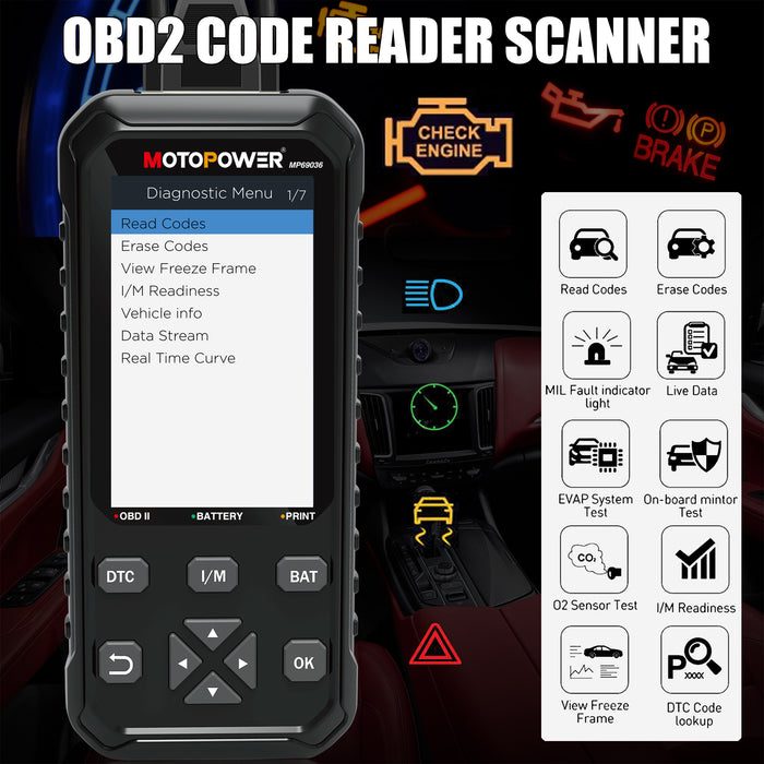 MOTOPOWER MP69036 Car OBD2 Code Reader Scanner Engine Code Reader 2 in 1 OBD2 Diagnostic Tool and 12V Battery Load Tester